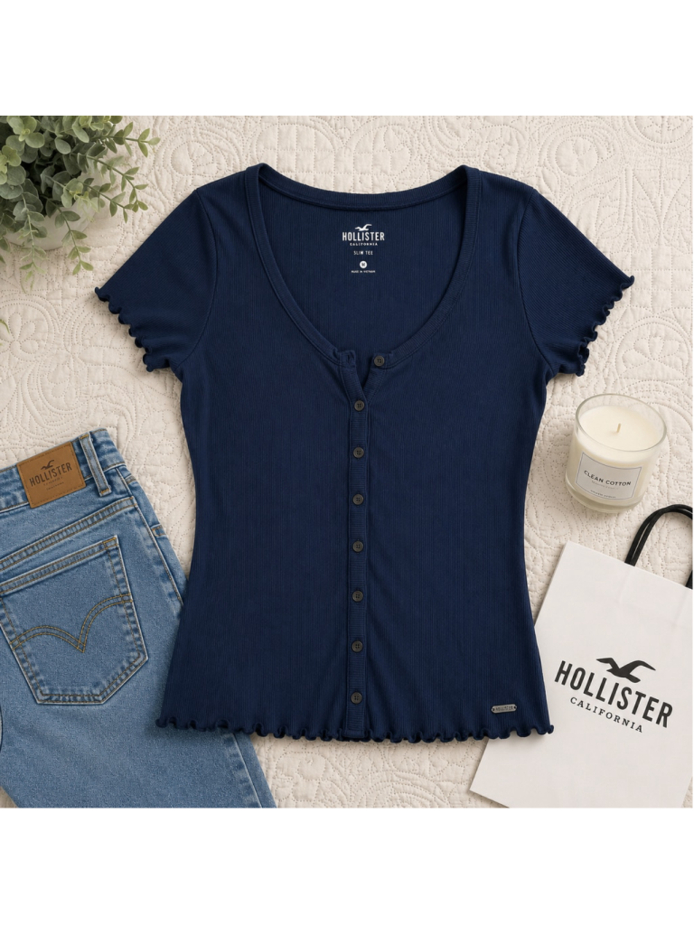 Women's Hollister Navy Ribbed Button-Front Short Sleeve Tee Size M
